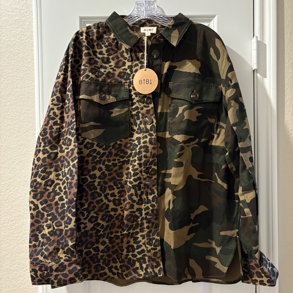 BiBi Women's Leopard Camo Print Shirt Jacket Shacket Button Down Size L